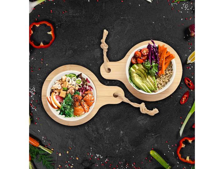 2er-Set Bambus-Bowls, Tapas-Schalen aus Keramik auf Servierbrett, Ø 7,5 x H 9 cm