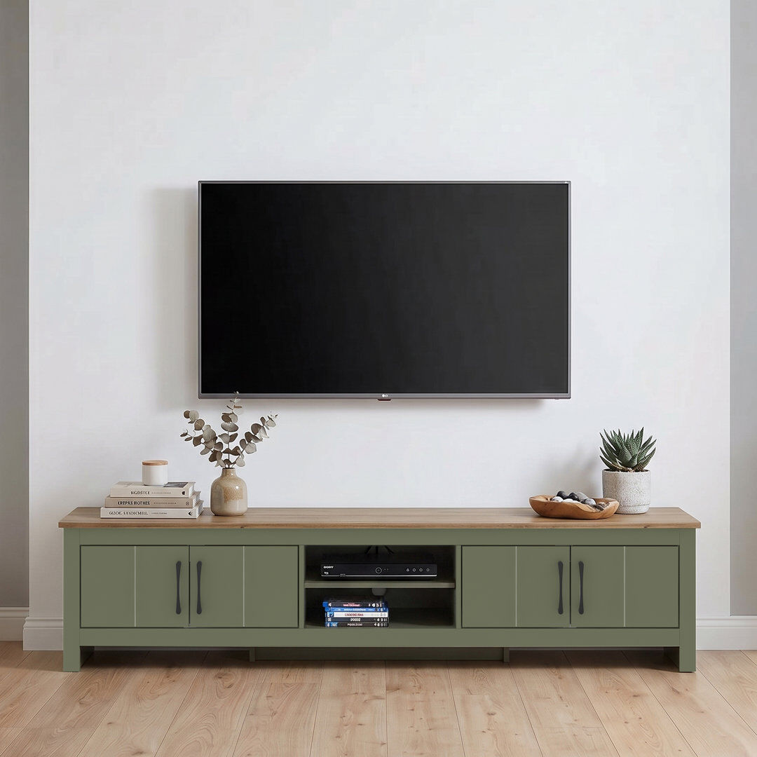 17 Stories Limestone Extra Wide 4 Door TV Unit with Open Shelves Kale Green 60"