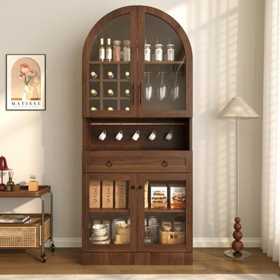 "70"" Tall Pantry Wine Cabinet with Hooks and Wine Racks & Glass Holders"