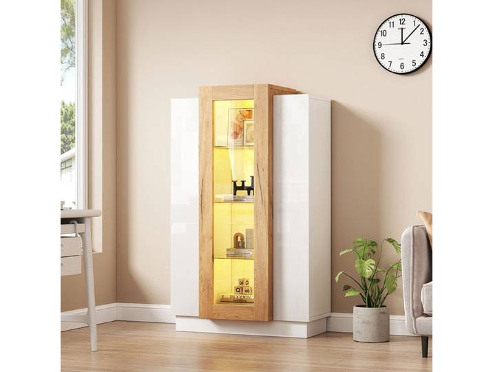 Vitrine avec 3 portes transparentes LED étagères en verre et tiroir pour salon 74x40x120 cm Blanc