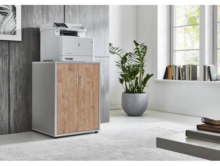 Druckerschrank Office Edition mit 2 Türen, 2 Einlegeböden, Büromöbel, 74 cm Höhe (Lichtgrau/Gold Harbor Oak)