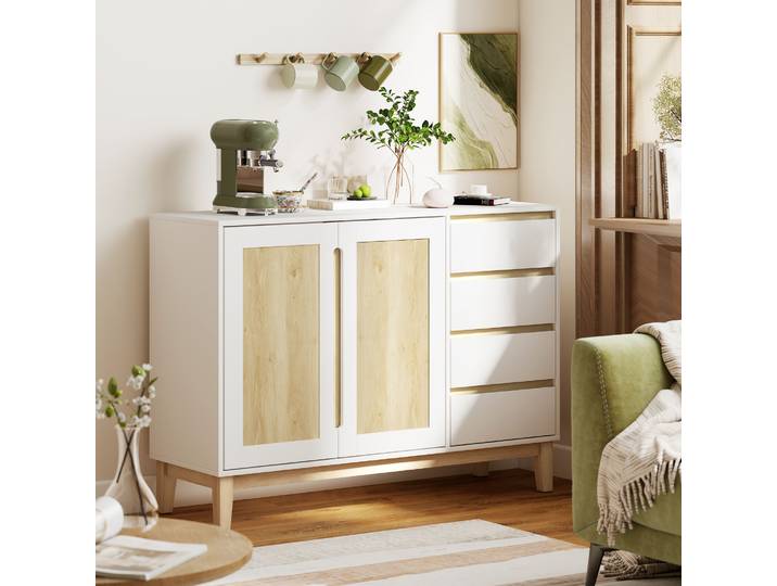 HOMCOM Buffet Blanc Chêne 2 Portes 4 Tiroirs 120x40x86 cm