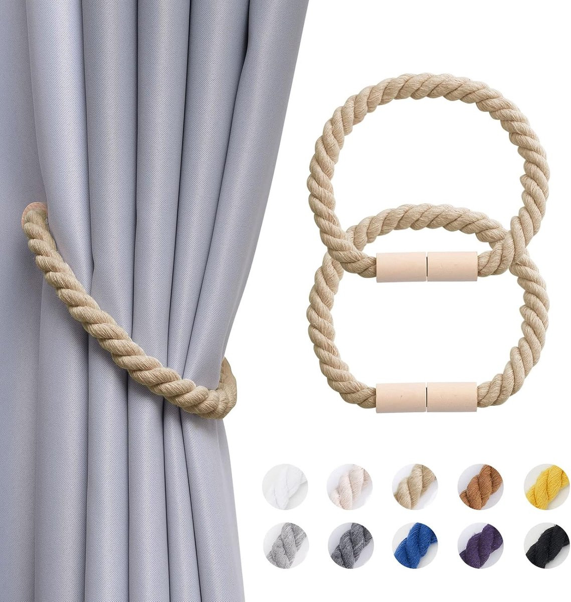 Magnetische Gordijnhouders Donkerbeige - Gordijnclips met Touw - 53 cm