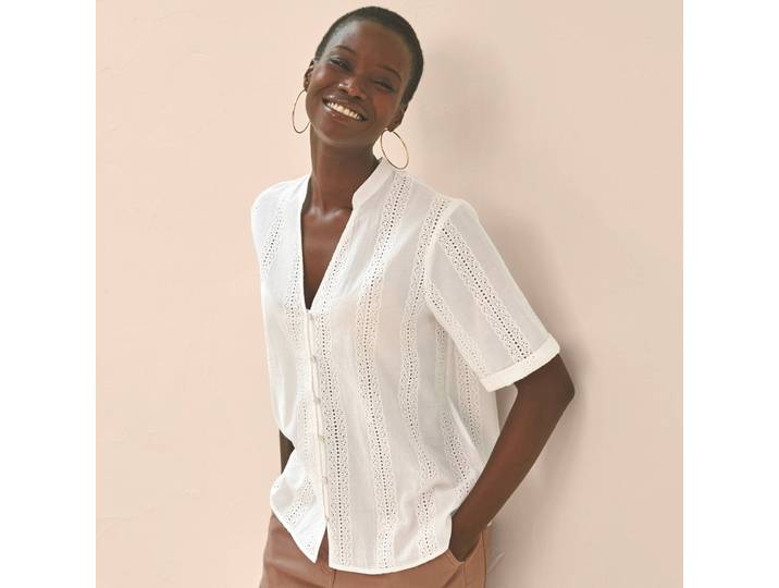 Chemisier col tunisien en broderie anglaise, manches courtes - Blancheporte