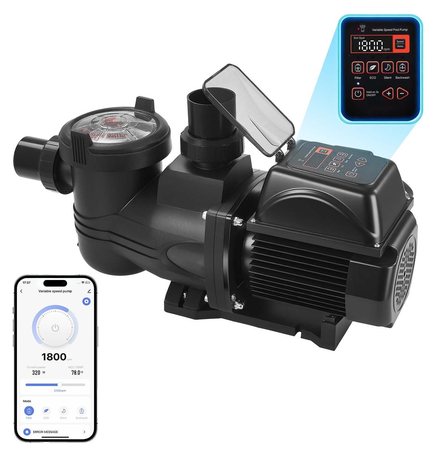 Schwimmbadpumpe - Selbstansaugende Poolpumpe - 30.000 l/h Förderleistung - 1.350 W - Förderhöhe 16 m - Variable Drehzahl - Timer - Mit Filterkorb für Aufstell- & Einbaupools