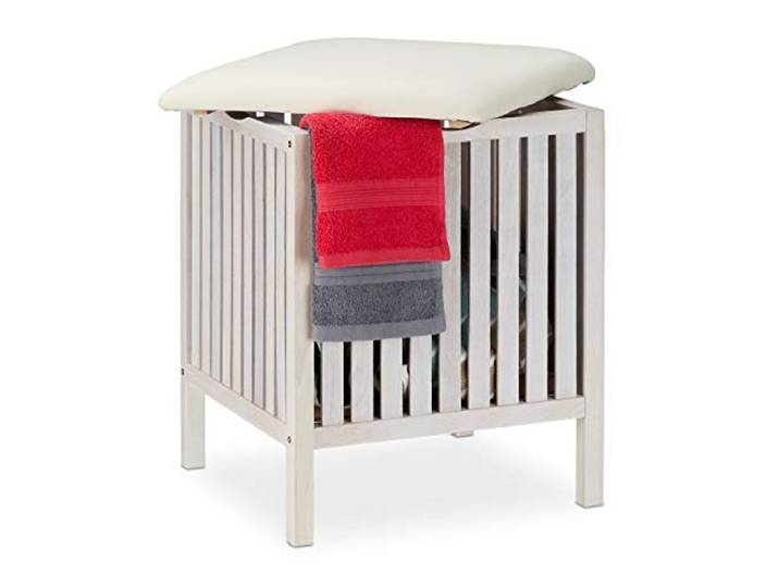 Relaxdays Panier à linge avec siège\, Tabouret de salle de bain\, style rustique\, 40l\, bois/tissu\, 53 x 41 x 41 cm\, blanc