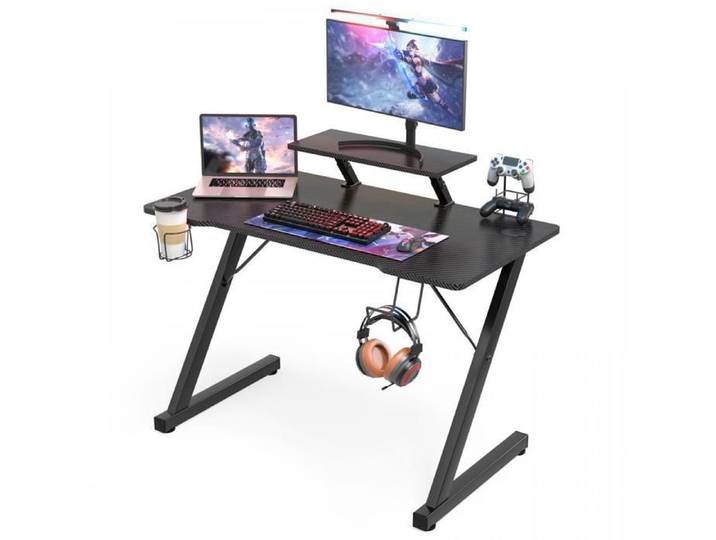 Bureau Gaming en Fibre de Carbone - Ergonomique - Porte-Gobelet et Crochet pour Casque - 100x55 cm - Noir - LVHCMFOHM
