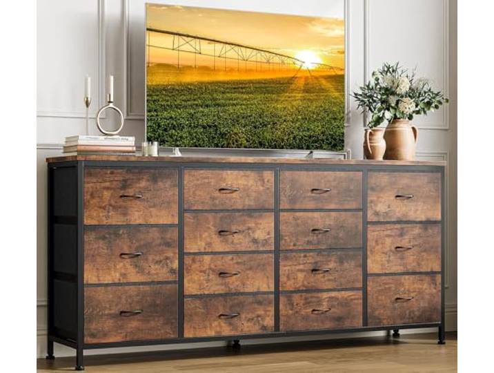 ZoomBuggy TV Kommode mit 14 Schubladen & Steckdosen, 160cm Lowboard für 75 Zoll Fernseher, Sicherheits-Set, Moderner TV Schrank für Wohnzimmer & Schlafzimmer