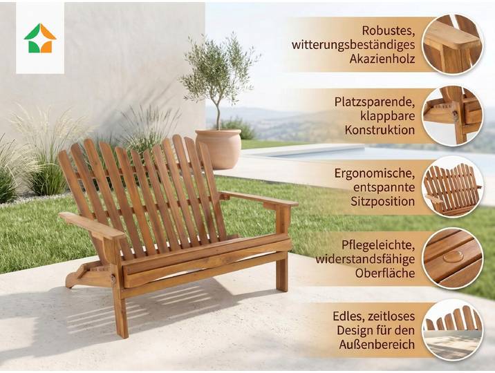 2-Sitzer Adirondack Gartenbank aus Akazie, ca. 125 x 80 x 94 cm - Klappbare