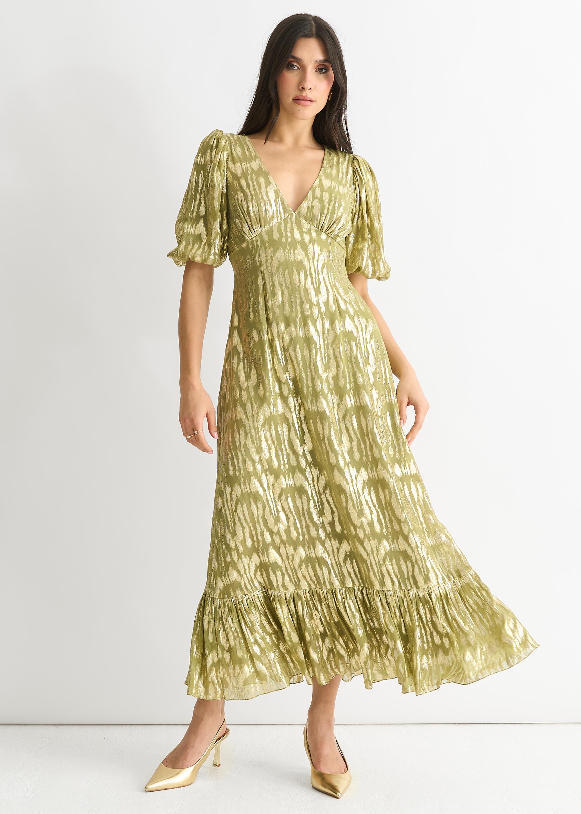Grünes Viskose-Tier-Jacquard-Anlass-Midikleid