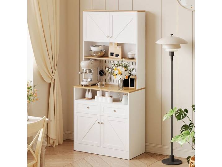 Buffet Haut Cuisine Meuble de Rangement Vaisselier avec 2 Tiroirs et 4 Portes Armoire de Cuisine élégant avec Poignées Argentées