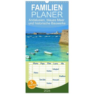 Familienplaner 2026 - Andalusien, blaues Meer und historische Bauwerke mit 5 Spalten (Wandkalender, 21 x 45 cm) CALVENDO