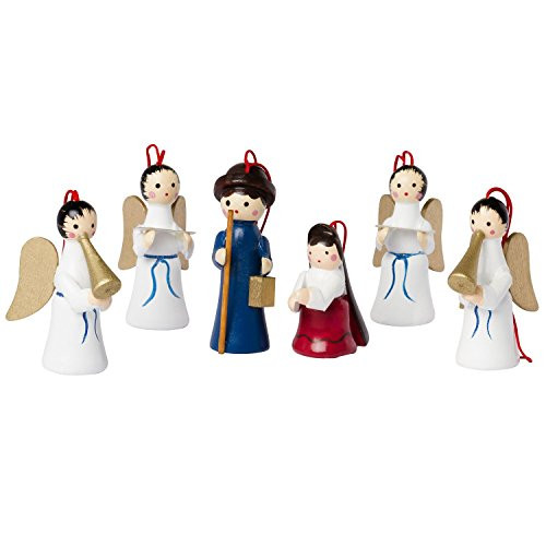 Brubaker Kerstboom Decoratie Set van 6 Handbeschilderde Houten Ophangers Maria Jozef en Engelen