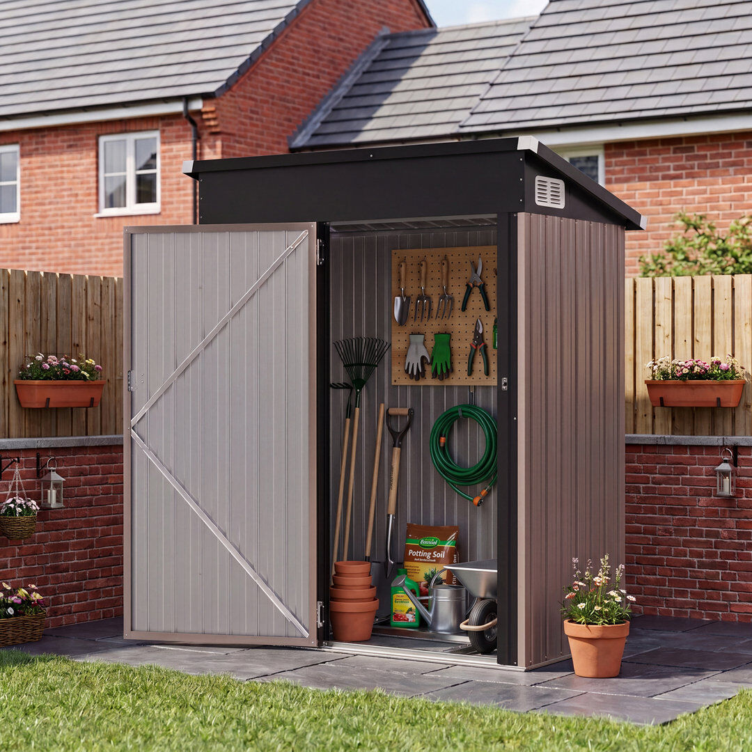 JolyDale Galvanized Steel Metal Storage Shed with Sloping Roof, Lockable Door Brown 149.9cm W X 85cm D X 184.9cm H