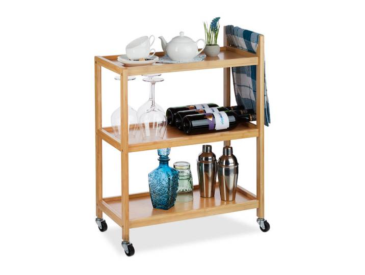 Relaxdays Servierwagen Natur Bambus 3 Ablagen Rollen, Hellbraun, Holz, Kunststoff, 58x76.5x30 cm, Esszimmer, Servierwagen