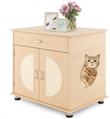 Costway Cat Litter Box Enclosure with Sisal Scratching Doors and Storage-Natural