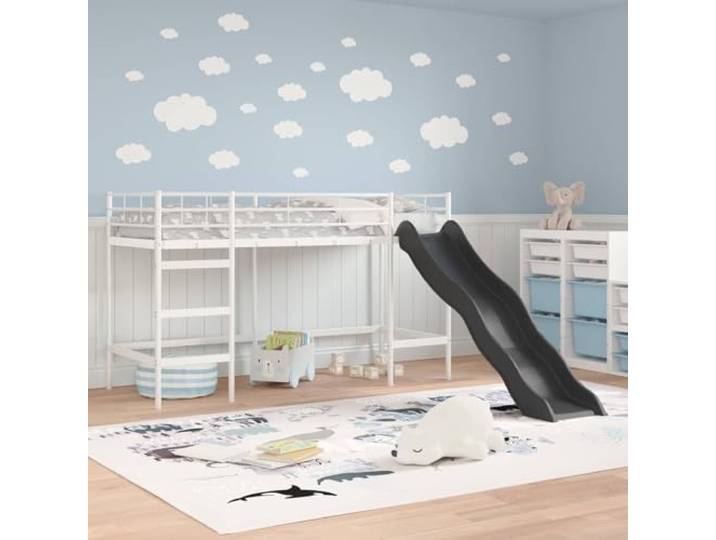 SKTQYQO Loft Kinderbett mit Rutsche, Weiß und Anthrazit Gestell aus Stahl, matt, atmungsaktiv, platzsparend, Matratze 90 x 190 cm