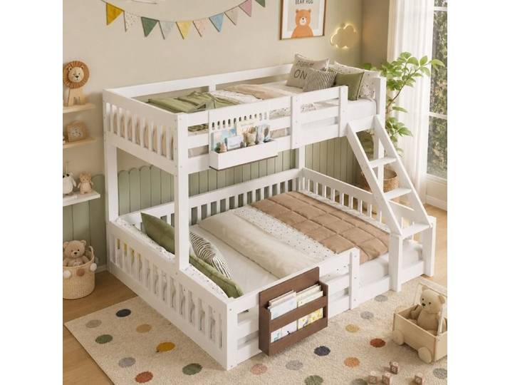Lit Superposé Enfant 90x200 /140x200cm - Lit Superposé 2 places avec Barrières et Échelle - Blanc