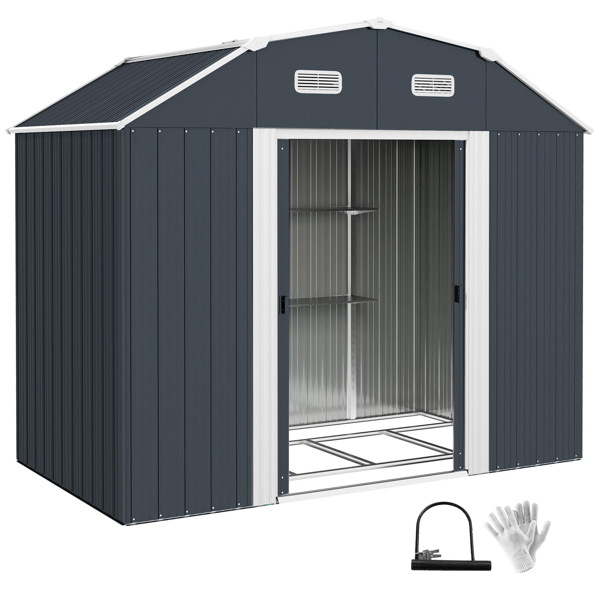 Moonbite Geräteschuppen 2,7 m² mit 2 Schiebetüren und verstellbaren Einlegeböden, verzinkter Stahl, Fundament und Handschuhe inklusive, Dunkelgrau