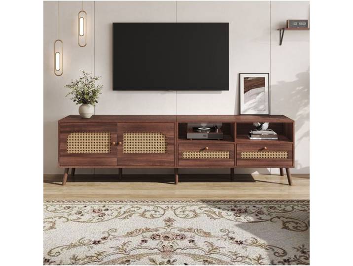 Meuble TV 200cm Marron Foncé En Rotin Banc TV Vintage FloraGrace Pour Salon 2 Portes 2 Tiroirs 200x37x49 5cm