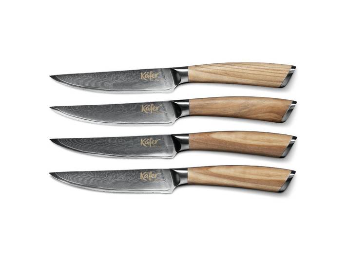 Käfer Steakmesserset, Holz, 4-teilig, Olivenholz, 12 cm, rostfrei, ergonomischer Griff, gezackte Spitze, nachwachsender Rohstoff, handgeschliffen, Kochen, Küchenmesser, Messersets