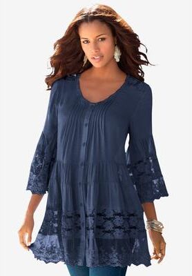 Plus Size Women's Lace Illusion Blouse by Roaman's in Navy (Size 32 W) Long Shirt Blouse