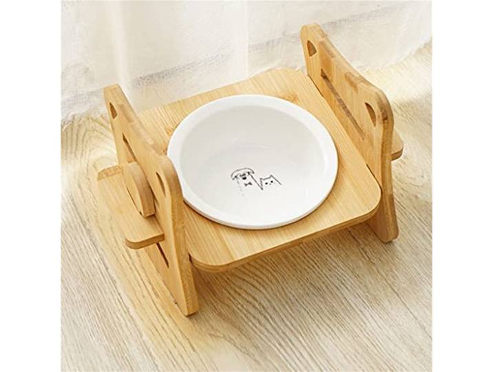 TBNLASS Futternapf für Hunde und Katzen, erhöhter Keramiknapf, verstellbar, Holztisch, Haustierzubehör (Schwarz, 1 Stück)