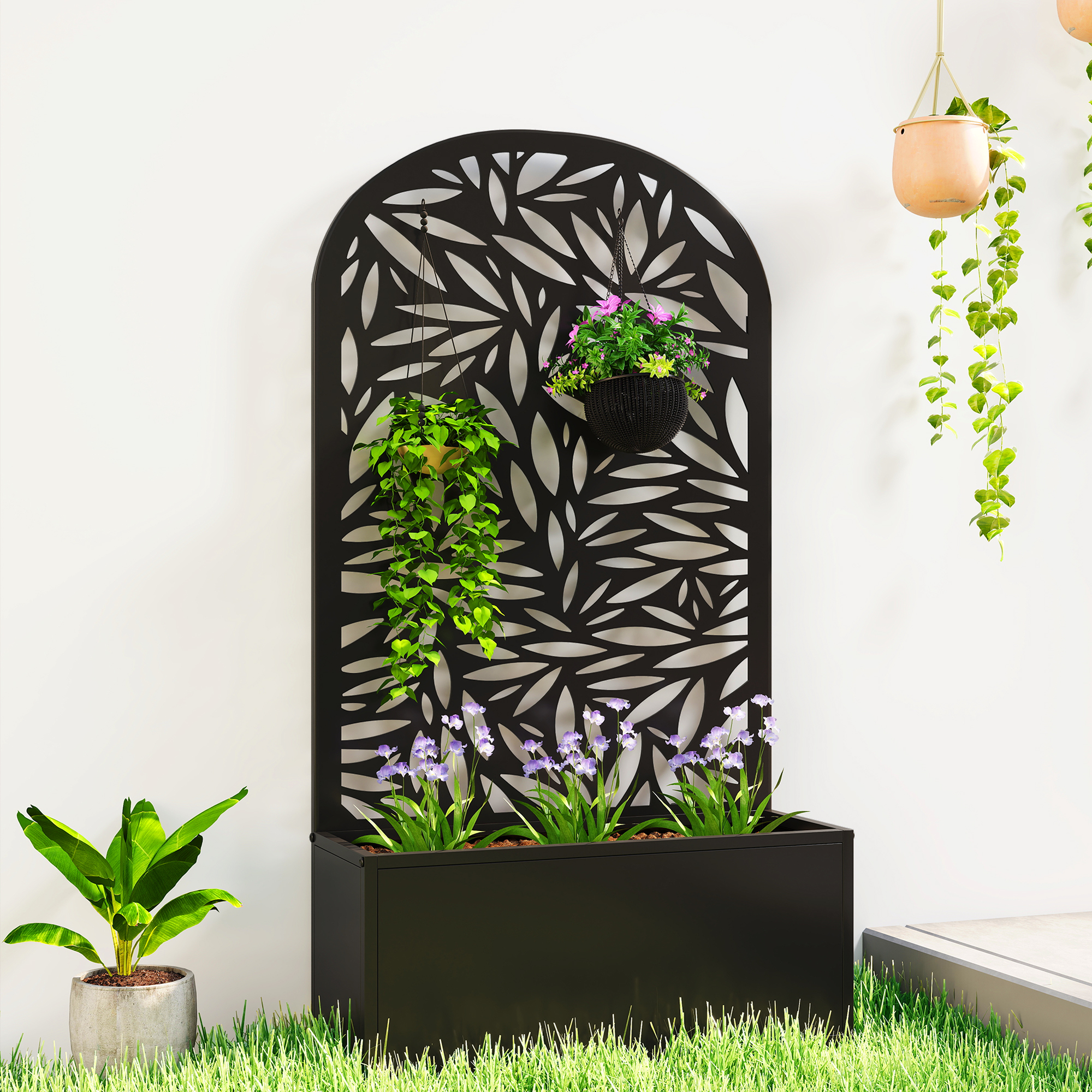 Outsunny Fioriera con Traliccio ad Arco per Rampicanti e Fori di Drenaggio, in Metallo, 61x23x113 cm, Nero   Aosom Italy
