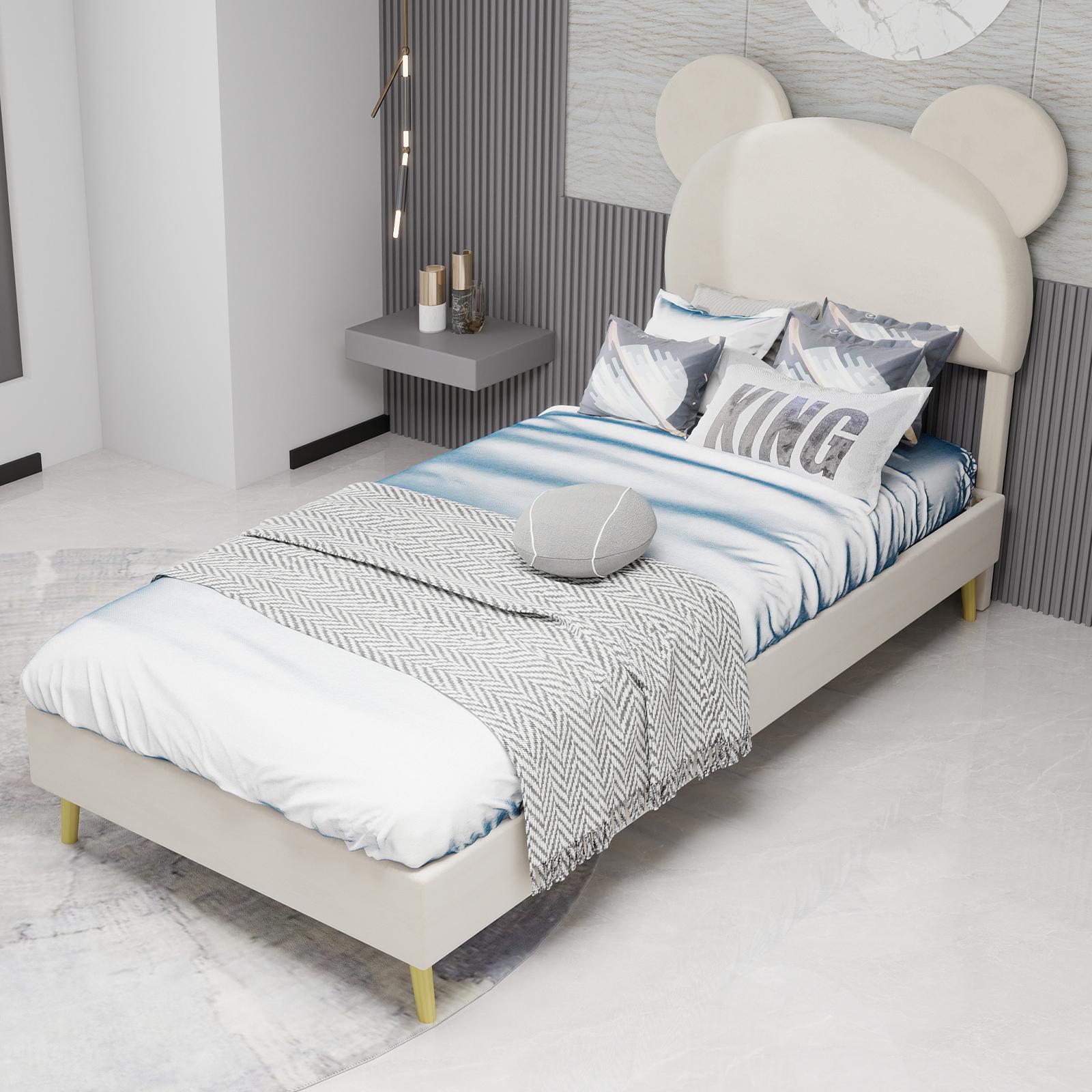MODFU Einzelbett 90x200 mit Matratze Cartoon-Form-Polsterbett Bettgestell aus strapazierfähigem Density Fibreboard,Bettrahmen mit weichem Kopfteil,ohne Gasfeder,Beige
