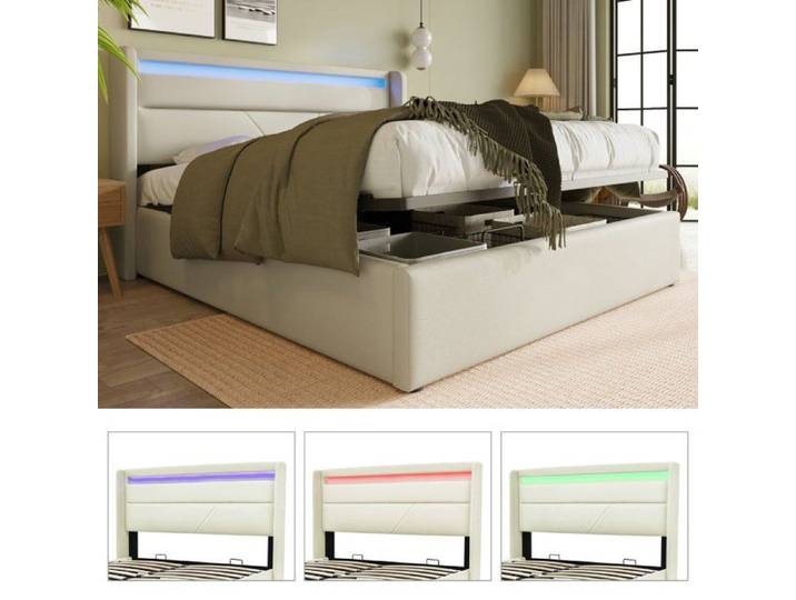 Lit coffre - LANGTU - Lit coffre double 160x200 cm - Blanc - PU - LED intégrée