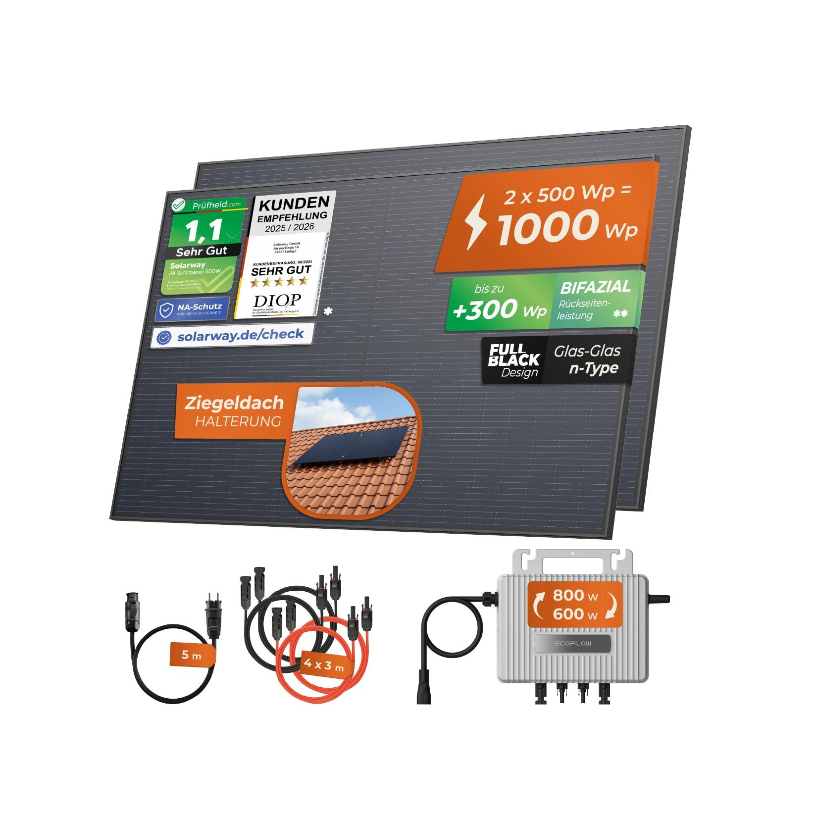 Solarway® 1000Wp / 800W Balkonkraftwerk komplett Steckdose - neuester EcoFlow Stream 800 Watt Wechselrichter - Solaranlage Komplettset - 500W bifaziale black Solarmodule & EcoFlow & Zubehör