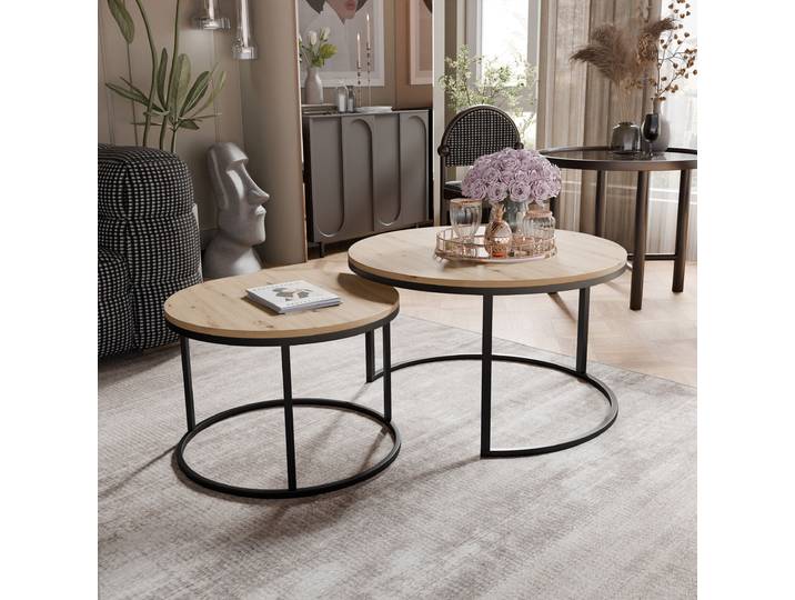 Grekpol Table basse ronde 2en1 Lavo avec structure en métal Artisan Table d'appoint Table de salon Empilable Set 2 pièces Design moderne Table de salon Couleur : Noir / Artisan