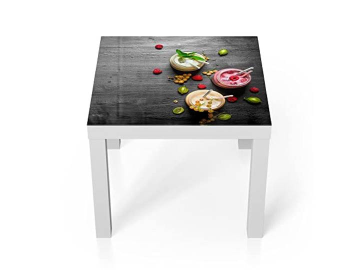 DEQORI Glastisch weiß klein 55x55 cm Motiv Smoothies auf Schiefer ausgefallener Beistelltisch aus Glas Hochglanz Couchtisch fürs Wohnzimmer moderner Couch Tisch mit Design