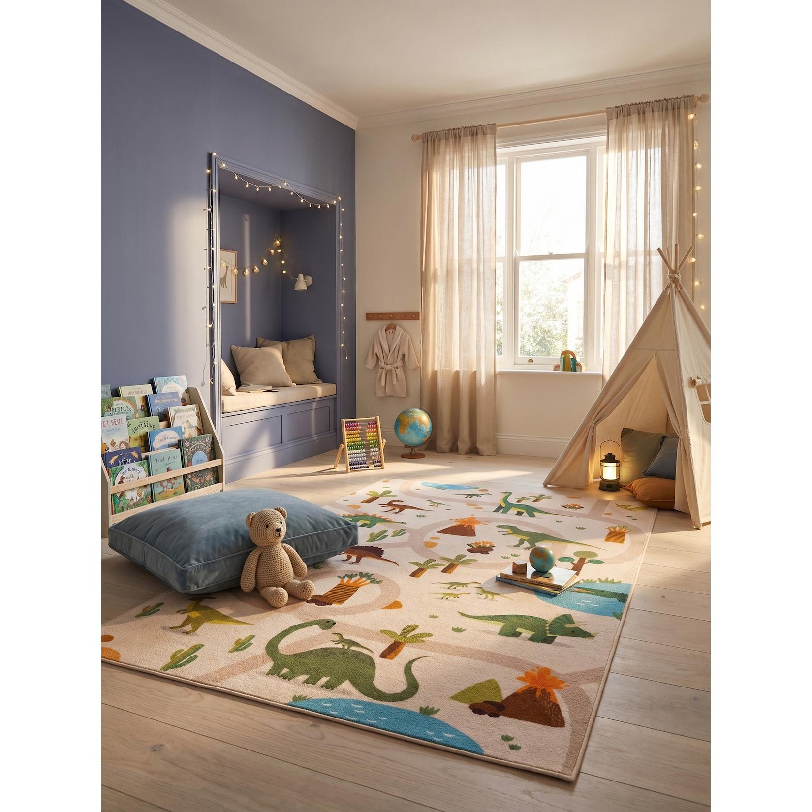 Kinderteppich Dinosaurier-Landschaft Beige 160x230 cm Waschbar