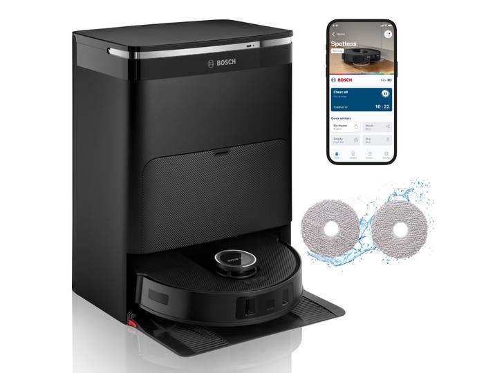 BOSCH Saugroboter Spotless Max BCRDW3B mit Wischfunktion, rotierende Wischpads , schwarz, B:34cm H:9,8cm, Saugroboter, Datensicherheit, 11.000 Pa Saugkraft, Absaugstation, Carbon Bürste, Saugroboter