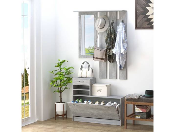 Meuble d'entrée avec porte-manteau meuble à chaussures et miroir gris béton