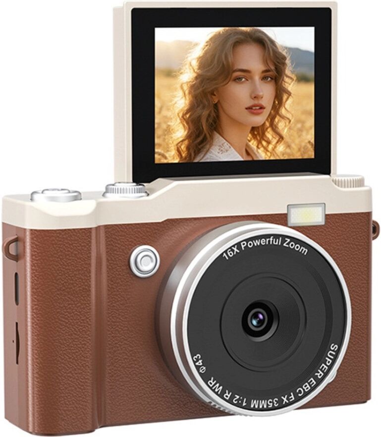 INF Kompakte 4K Digitalkamera mit 2.4-inch IPS Flip-Bildschirm, 16x Digitalzoom, LED-Aufhelllicht und Type-C-Ladeanschluss Braun