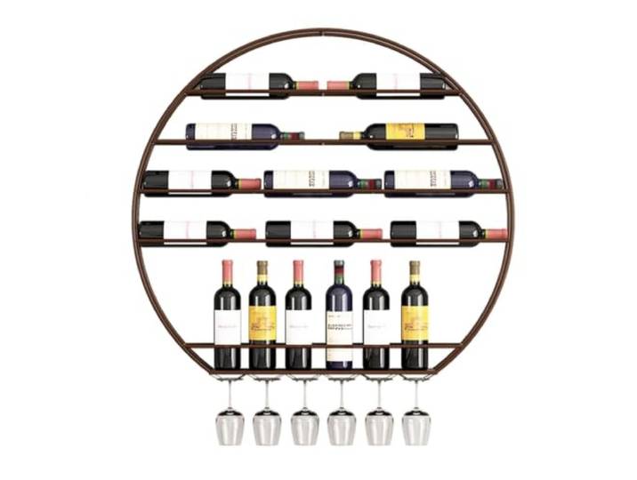 Failjierue 31'' wandmontierte runde Weinregale mit Weinglashalter Moderner schwebender Glashalter zur Aufbewahrung von mehrschichtigen Weinflaschen für Bar, Küche, Wohnzimmer(Red-brown)