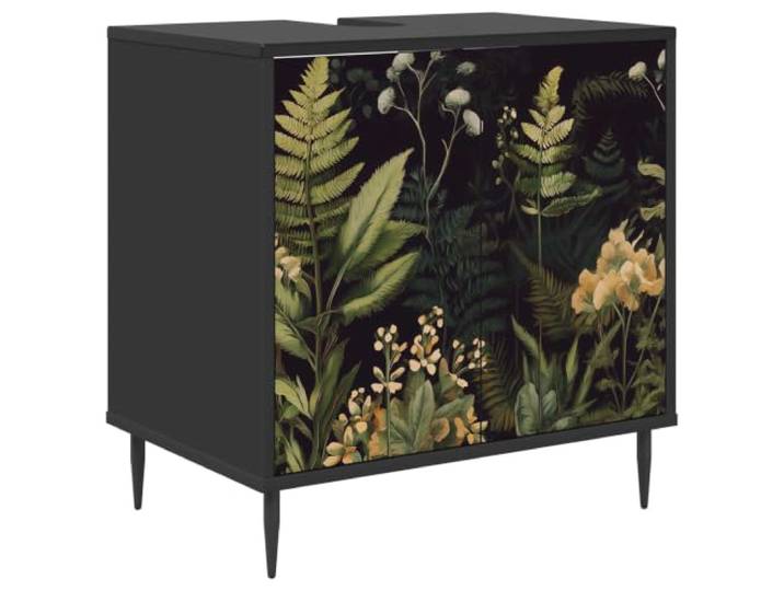Makastle Badezimmerschrank mit 1 Regal aus Holzwerkstoff, Freistehend, Botanisches Muster, Erhöhte Füße, 60 x 40 x 61 cm