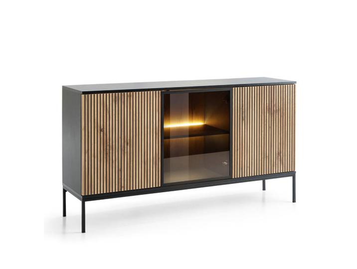 Komodee Sideboard Laval K154 – Wotan-Eiche, Schwarz, mit Lamellen, Schwarz, Eiche Wotan, Metall, 3 Fächer, 154x83x39 cm, Kleinmöbel, Kommoden, Sideboards