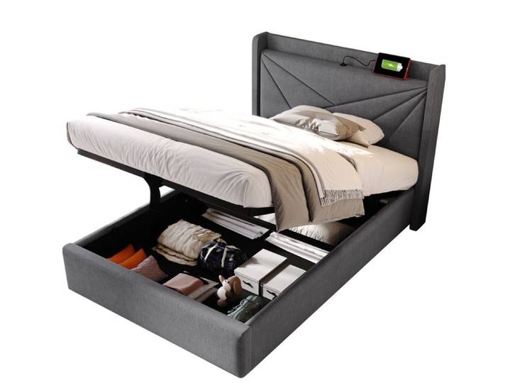 Lit coffre 90x200 cm lit simple avec rangement coffre de lit avec port USB Tête de lit géométrique Noir