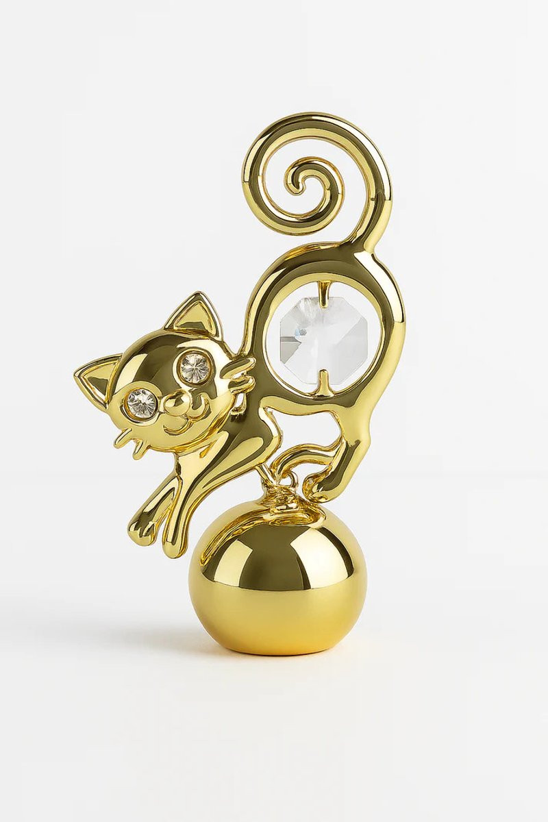 Crystocraft Verguld 24K goud Kattenbeeldje met Kristal en Fotohouder