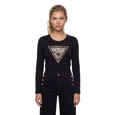Langarmshirt GUESS "LS CN SAVANNA LEOPARD TRIANGLE", Damen, Gr. M, jet schwarz a996, Single Jersey, Obermaterial: 95% Baumwolle, 5% Elasthan, bedruckt, slim fit hüftlang, Rundhals, abgesteppte Kante, Shirts Langarmshirt, mit markantem Logodesign,...