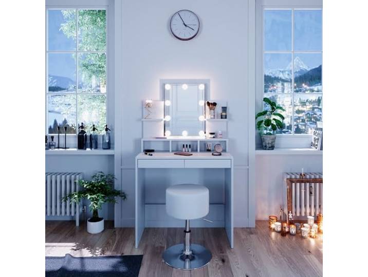 Vicco Schminktisch Ania , Weiß 80 cm Spiegel mit LED-Lichterkette · Hocker · 2 Schubladen · Freistehend · mit Ablagefächern