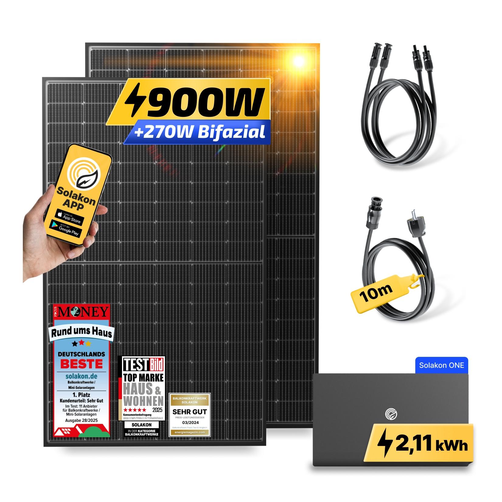 Balkonkraftwerk 900W/800W Solaranlage mit Solakon ONE Speicher Steckerfertig WIFI Komplettset Photovoltaik Anlage 800W, Kabellänge: 10m