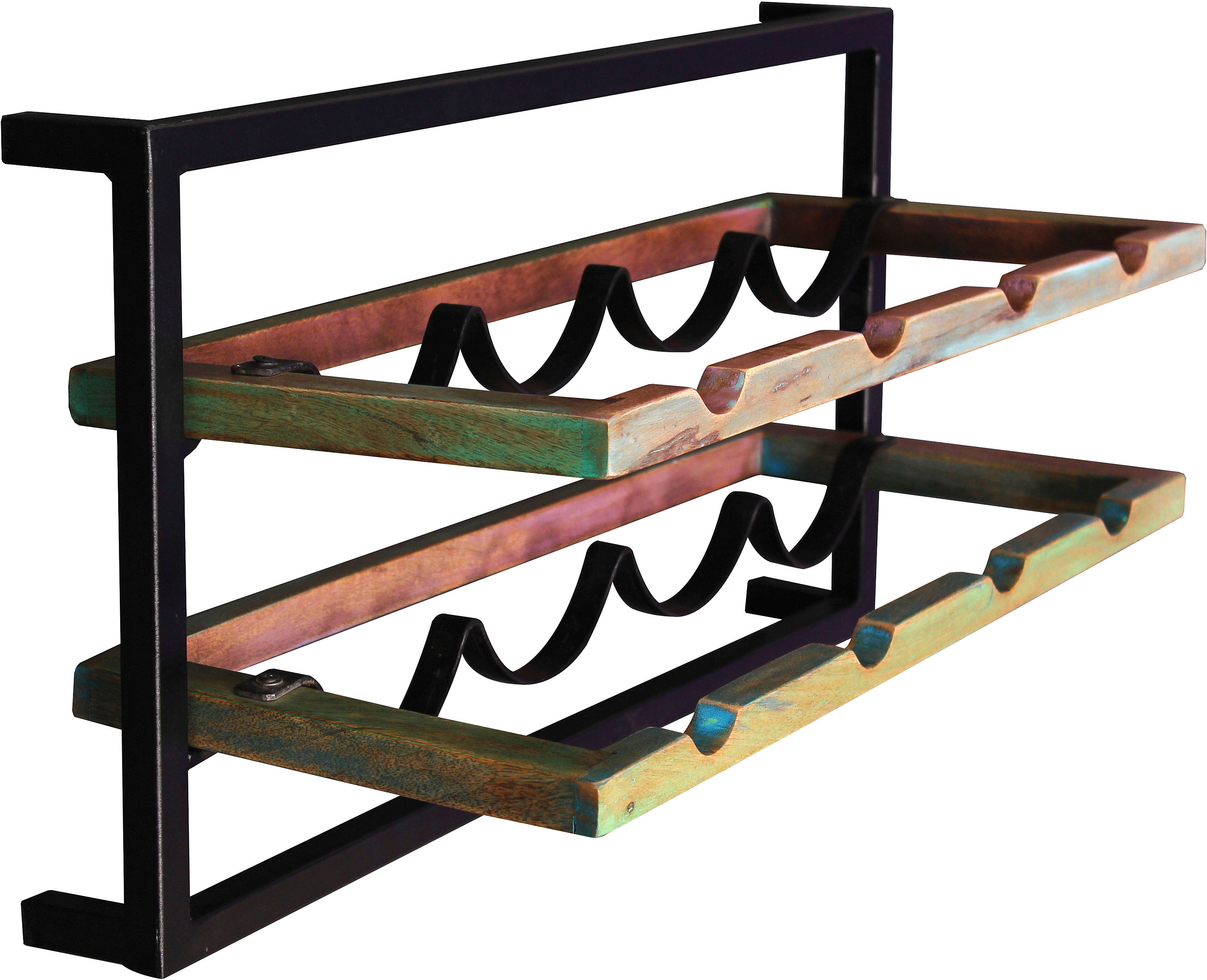 Wandregal SIT "Bardolino aus Altholz mit schwarzem Metallrahmen – für 8 Flaschen", bunt (schwarz, bunt), B:65cm H:35cm T:25cm, Massivholz, Metall, Regale, Wandregal, Ablage für 8 Flaschen für platzsparende und dekorative Aufbewahrung schwarz, bunt B/H/T: 