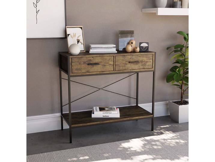 Table console Brooklyn avec 2 tiroir et étagère – Meuble de couloir d'appoint ou coiffeuse bois foncé