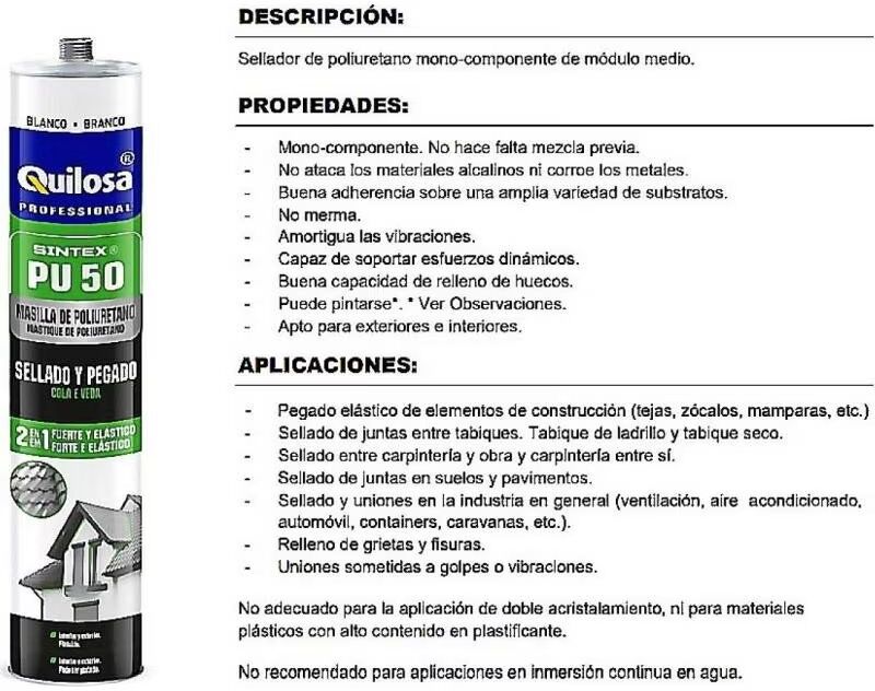 Sellador Y Adhesivo De Poliuretano Quilosa Pu 50 Blanco Talla Única Unisex
