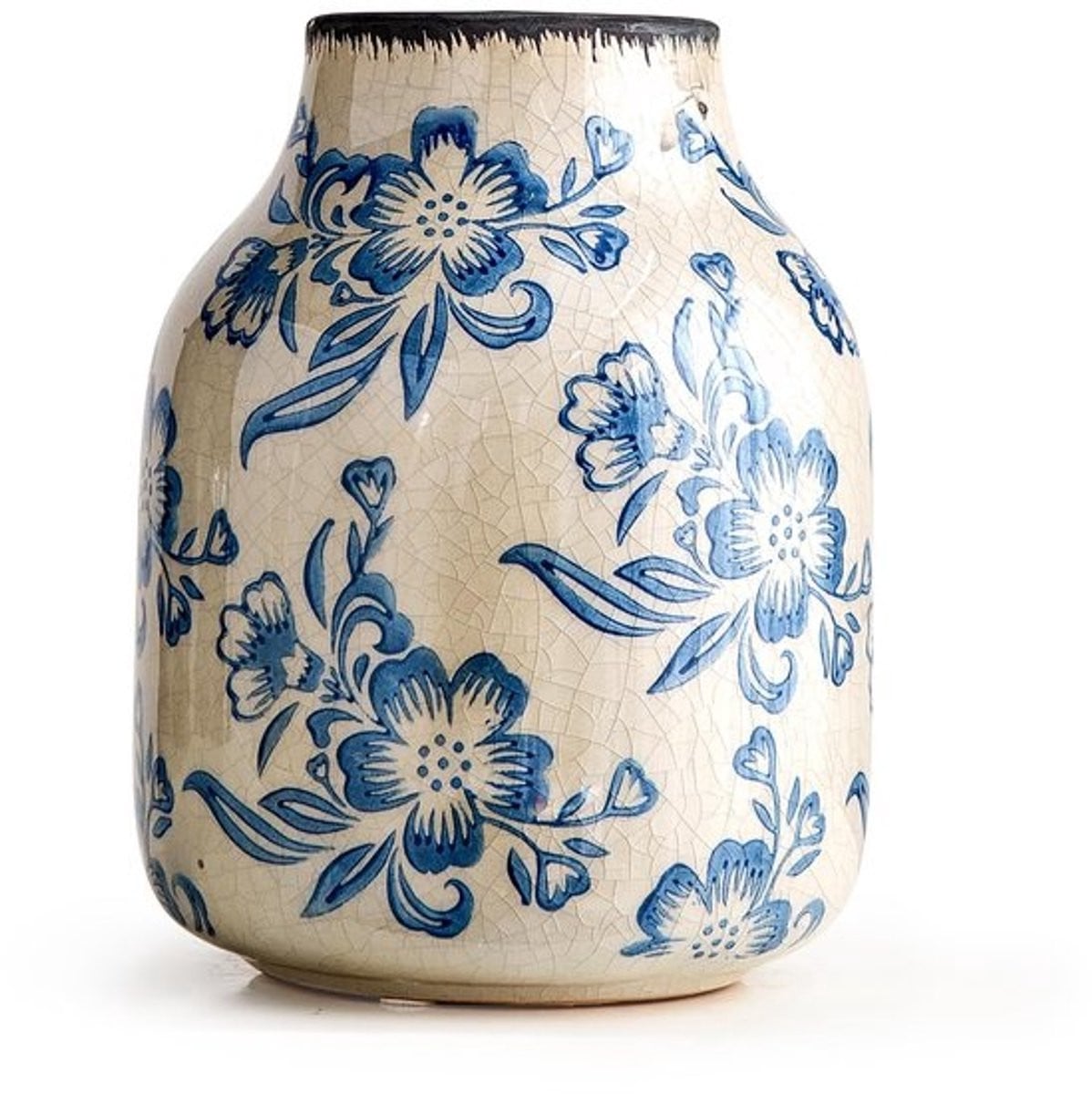 Grote Porseleinen Vaas - Wit en Blauw - Rustieke Tafelvaas voor Bloemen