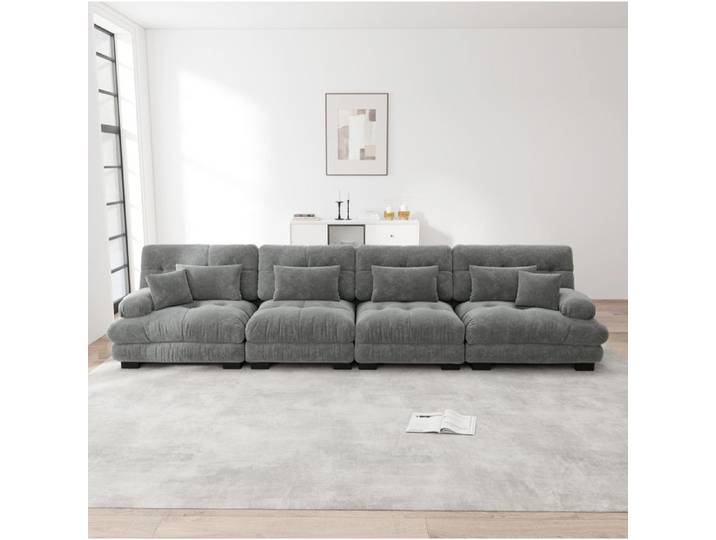 Canapé modulable d'angle 4 places assise profonde grand confort en chenille coussins inclus gris - UVRION